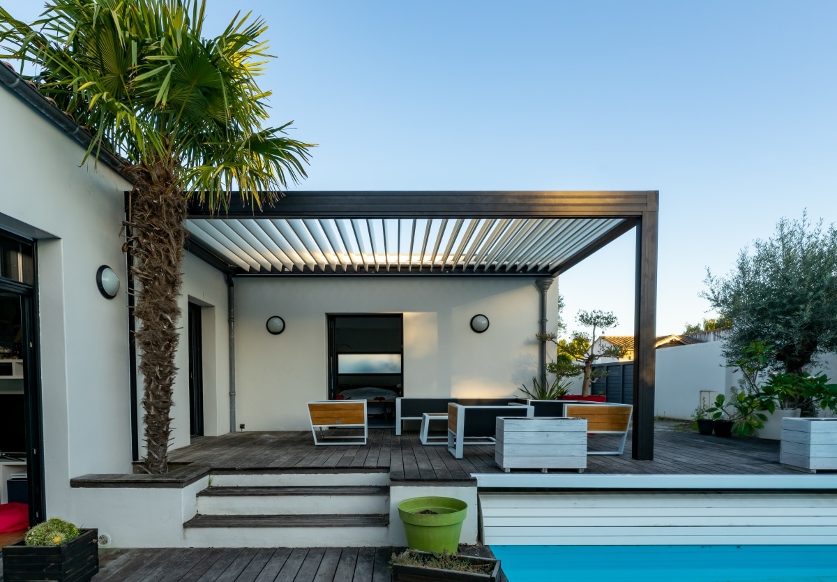 trendy pergola by the patio pool