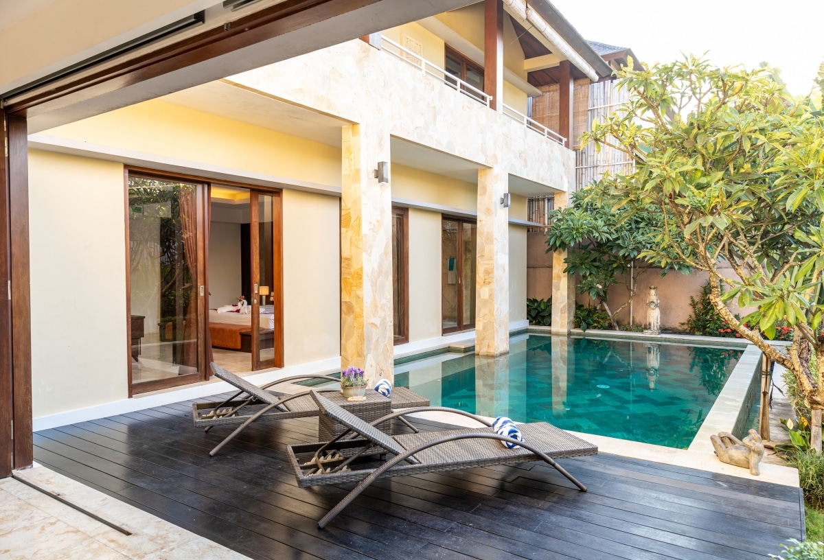 relaxing pool by the patio