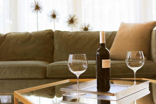 serving tray on a living room coffee table