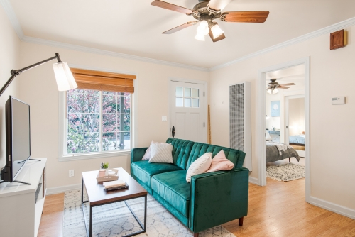 ceiling fan installed in a simple living room