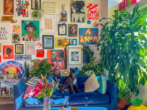 colourful photo gallery in living room