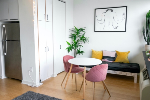 living area with pastel accent pieces