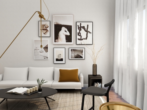modern living room with black and white accent pieces