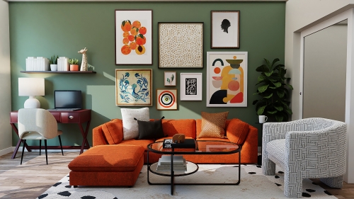 living room with neutral wallpaper and accent sofa
