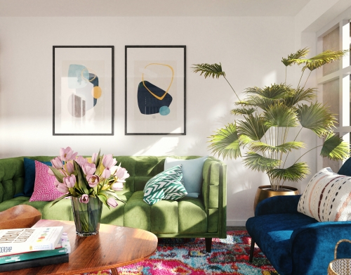 nature-themed living room with live plants and natural lighting
