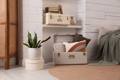 pillows inside a storage trunk