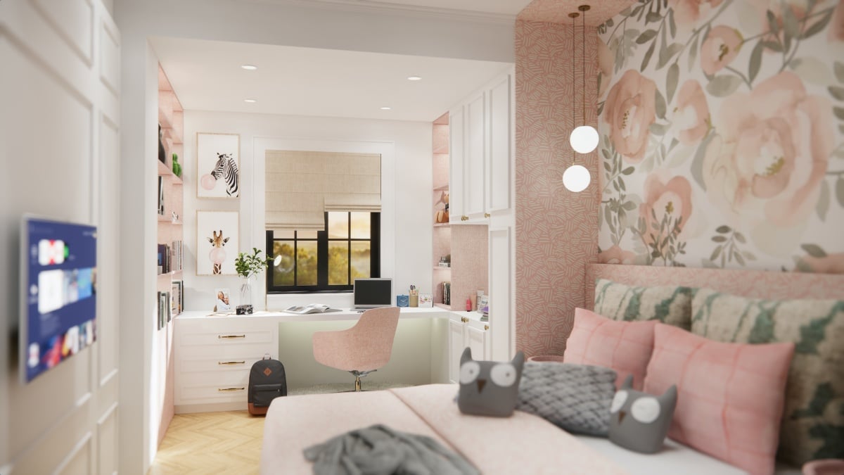 simple minimalist bedroom with a bed, desk, and chair