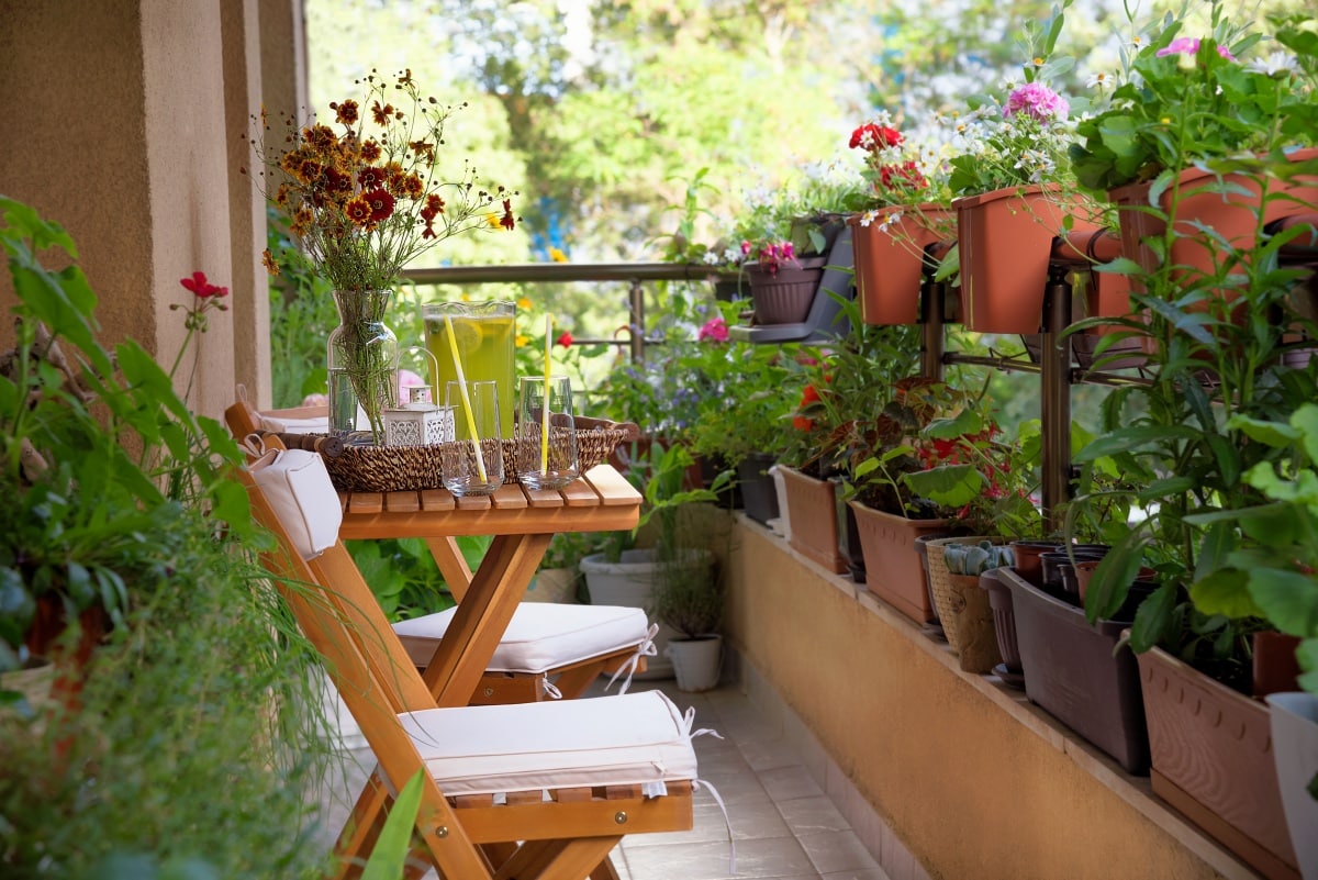 terrace or balcony with small table, chair and flowers