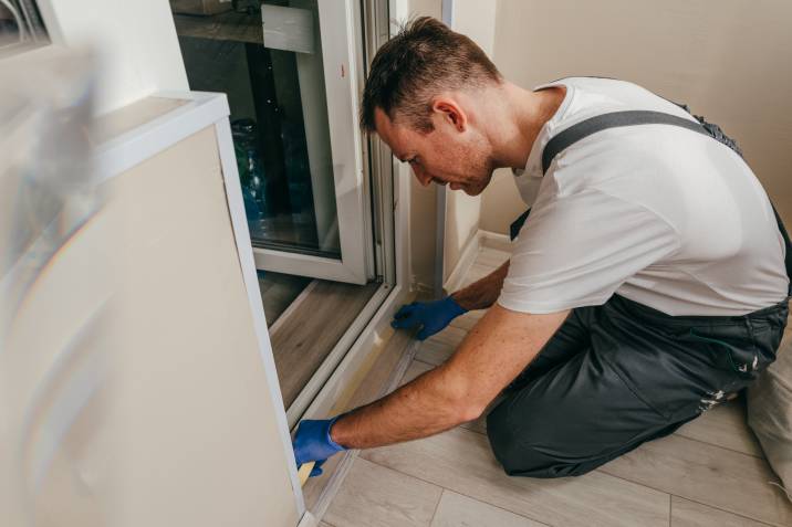 handyman applying mounting tape before sealing a door 