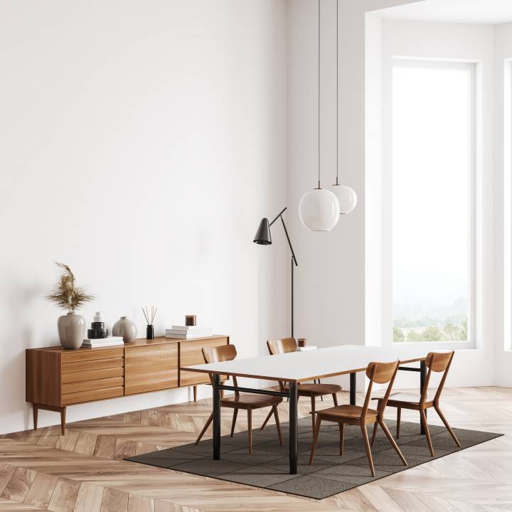 Corner view on bright dining room interior