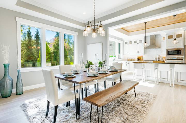 Modern dining room with large windows