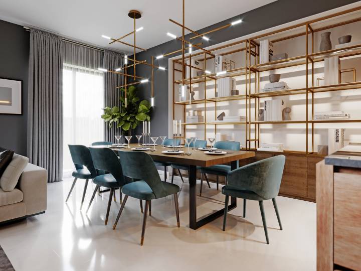 Large modern dining table with velvet blue chairs