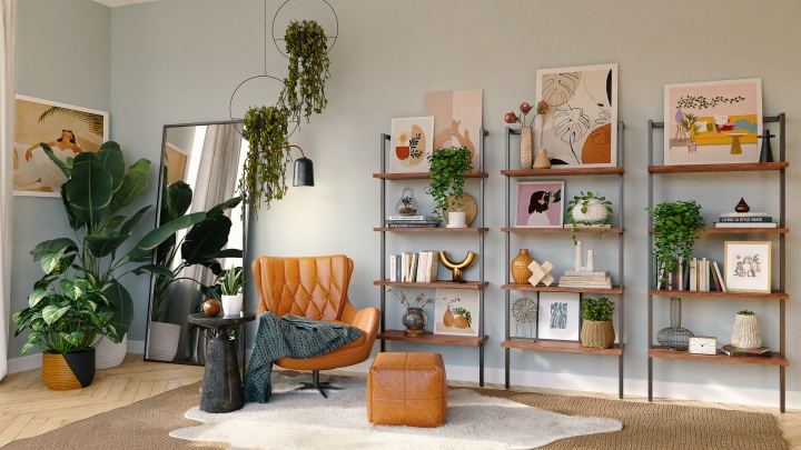 living room bookcase with decorative items on the shelves