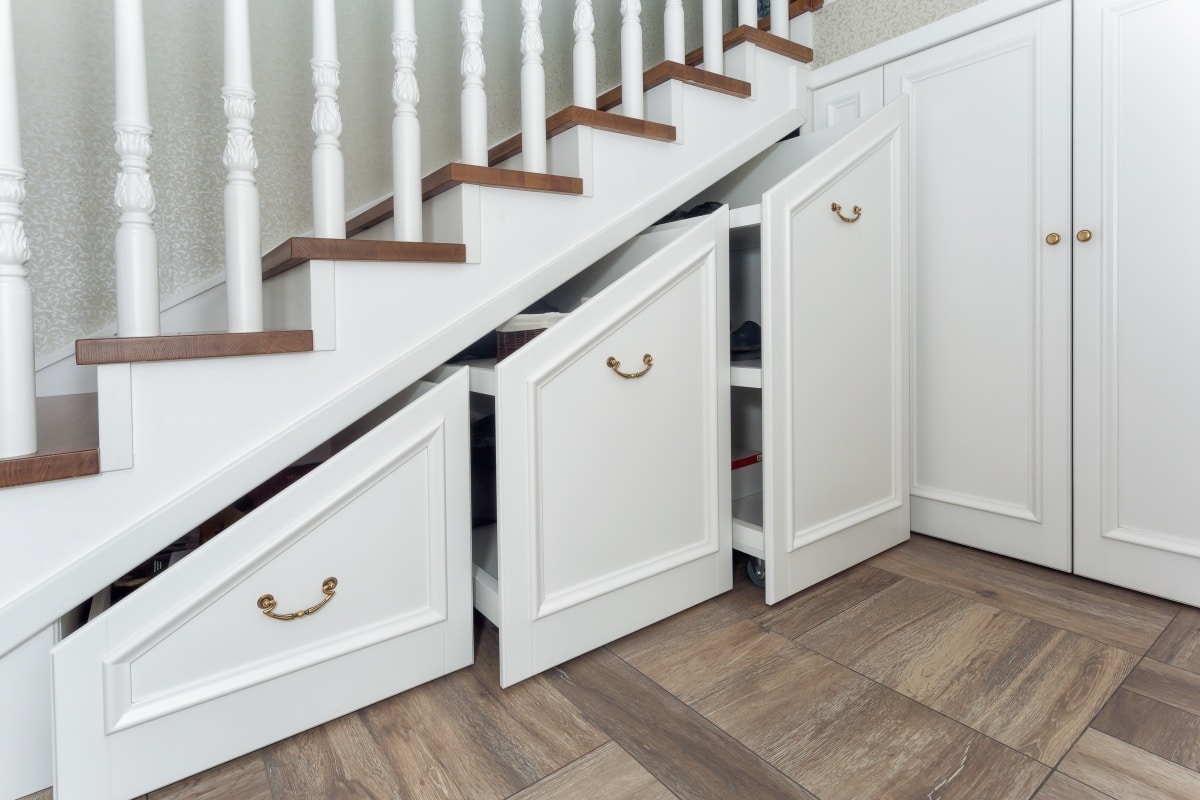 storage boxes under stairs