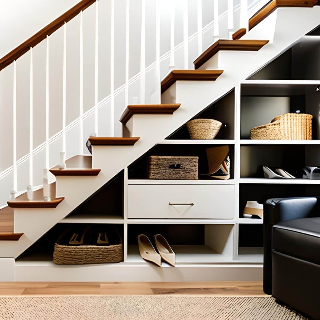 under stairs storage containing boxes, shoes, and other various clutter