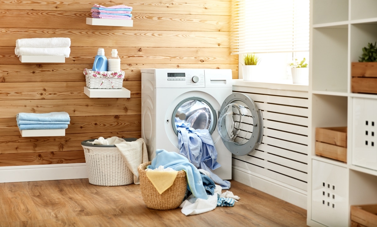 laundry room with wood accents
