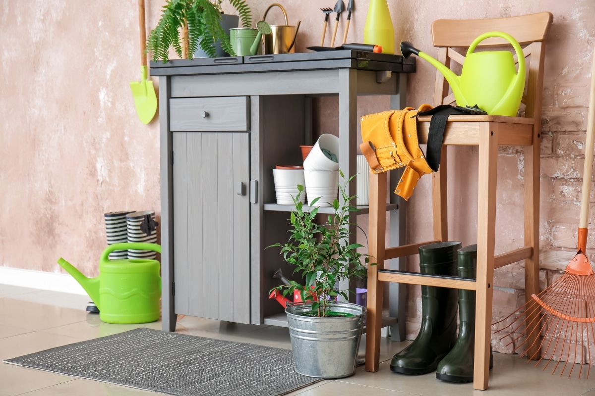gardening supplies with workbench