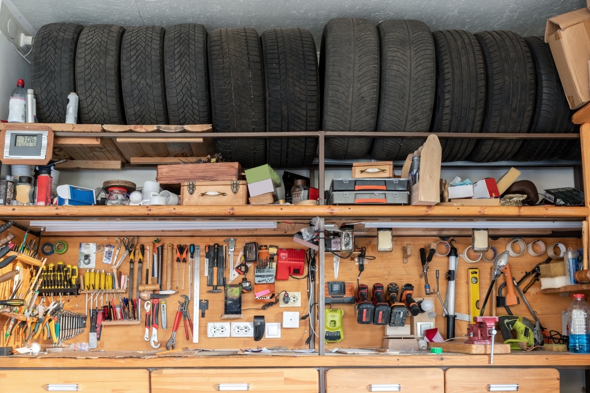wood workbench with organised tools