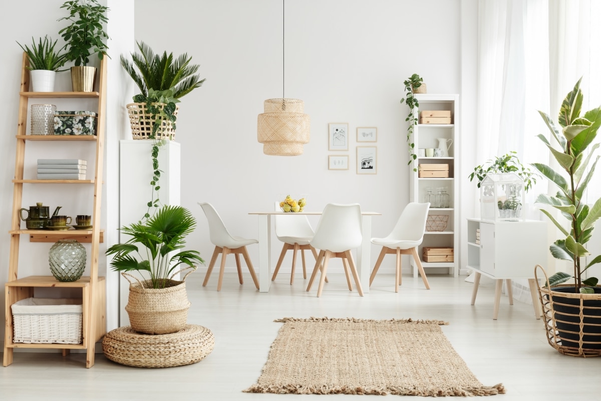 rustic ladder shelf in boho living space