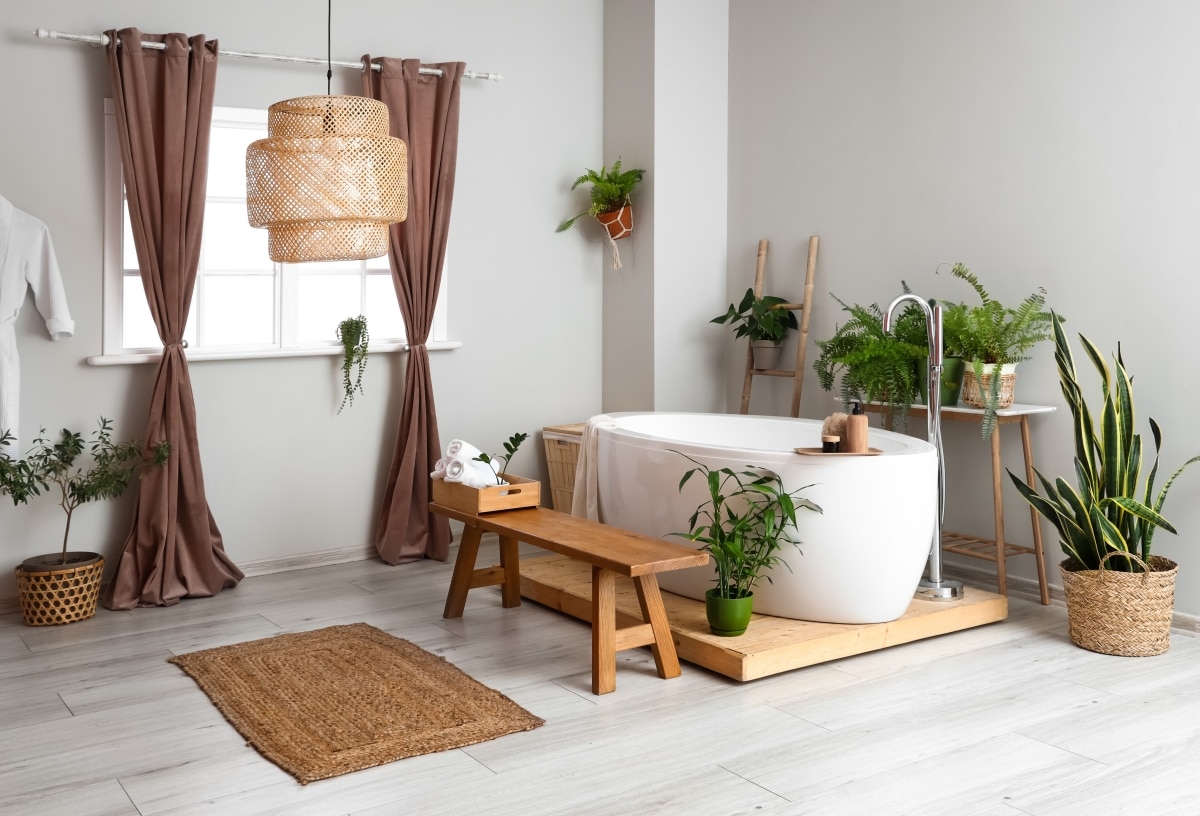 rattan pendant light in boho bathroom