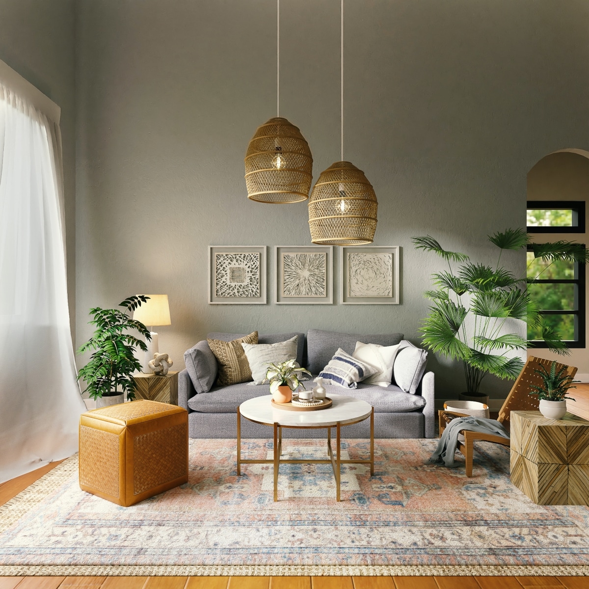 rattan pendant lights in boho living room