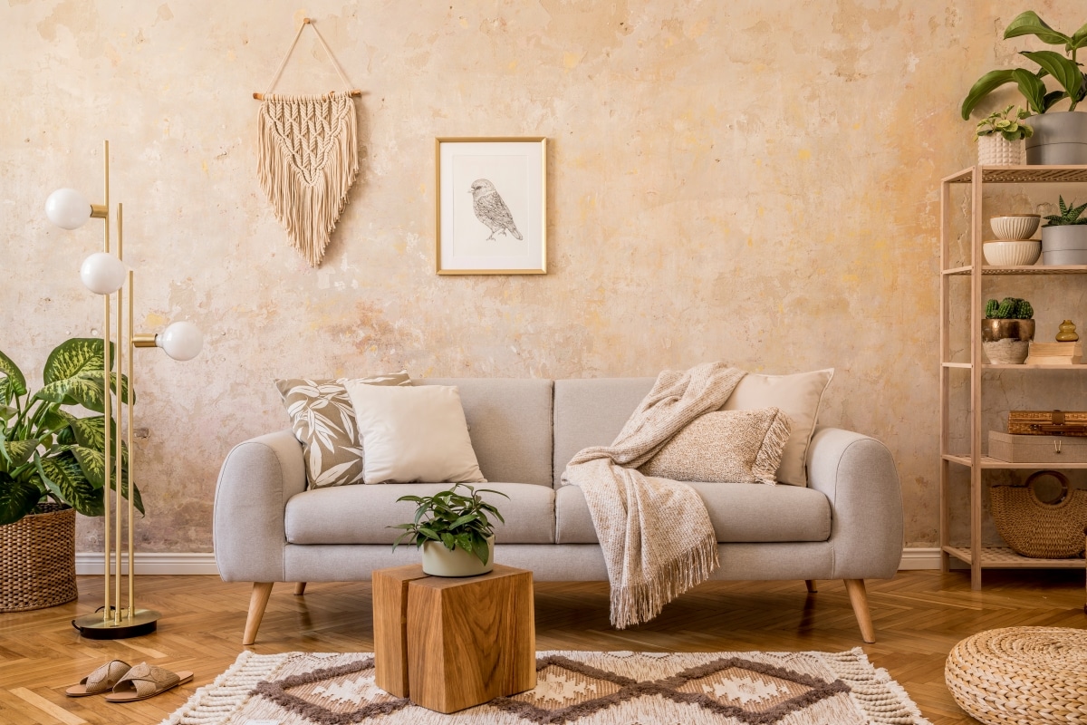 boho living room with natural furniture pieces