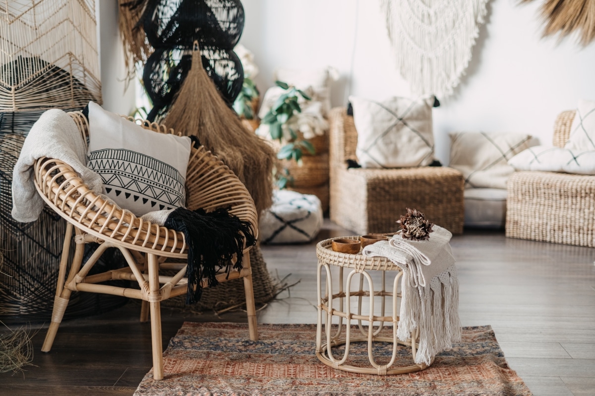 colourful rug and rattan furniture