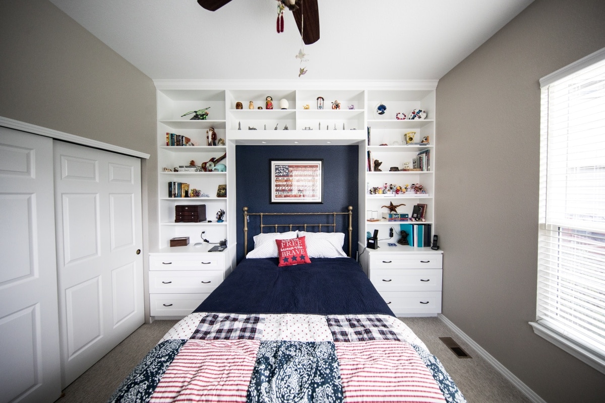 empty bedroom with built-in shelf