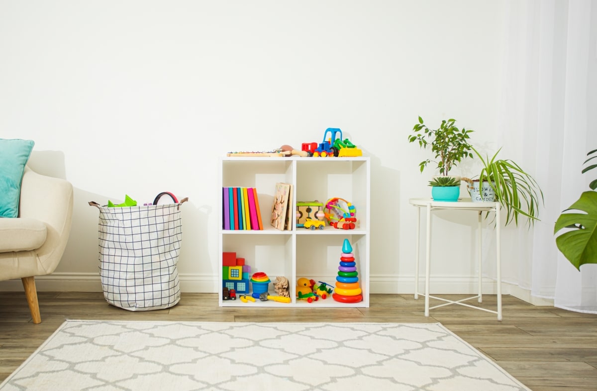 toy display cubbies in bedroom