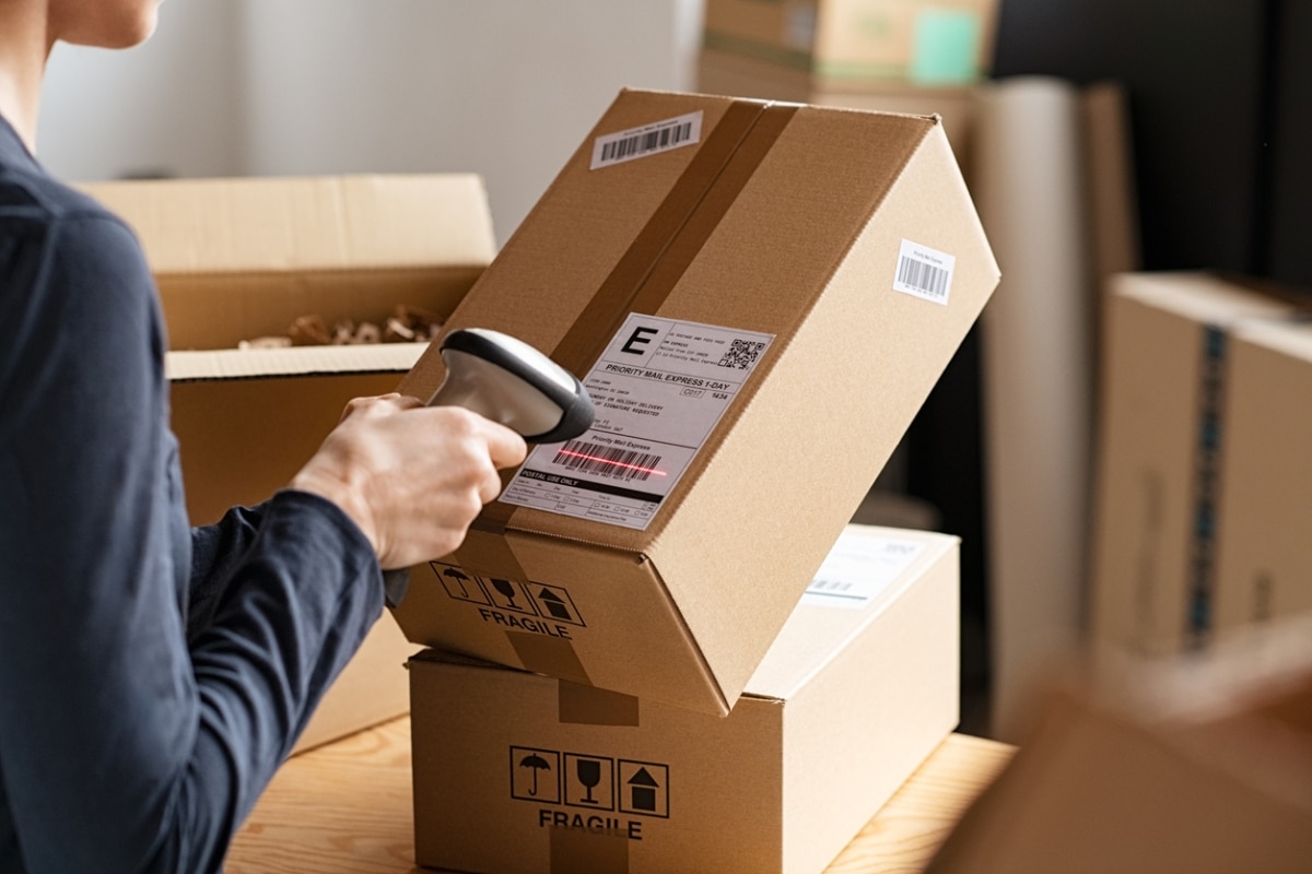 A woman scanning a barcode on delivery parcel.