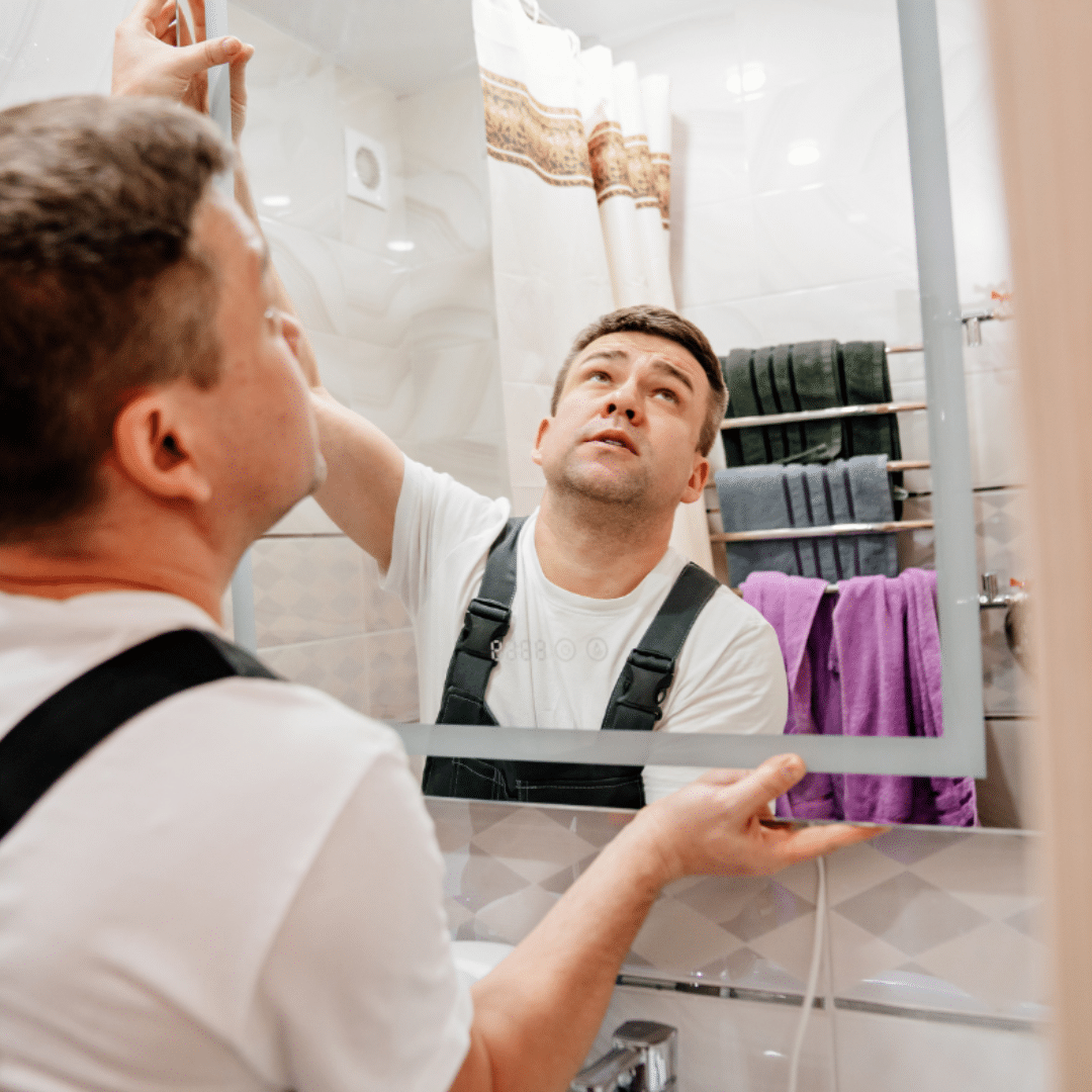 an installer putting up a bathroom mirror