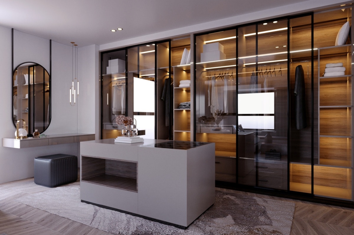 modern dressing room with island and vanity