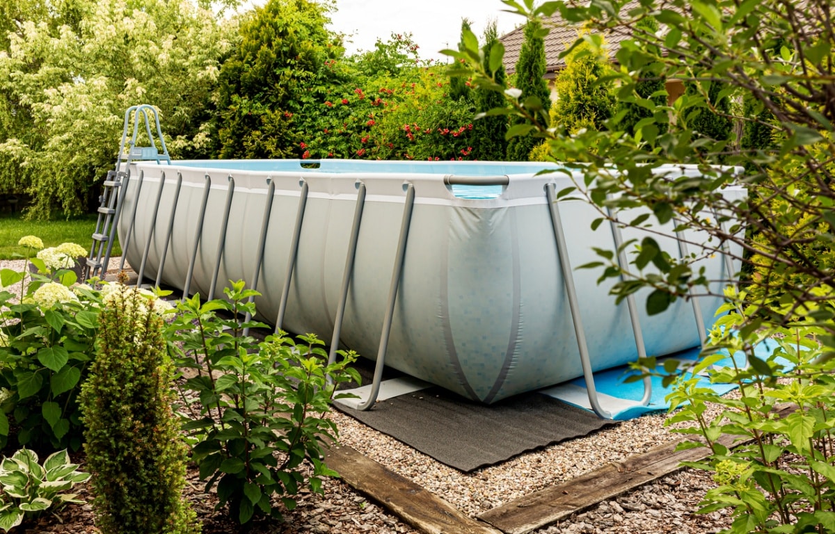 large above ground rectangular swimming pool surrounded by plants in a garden