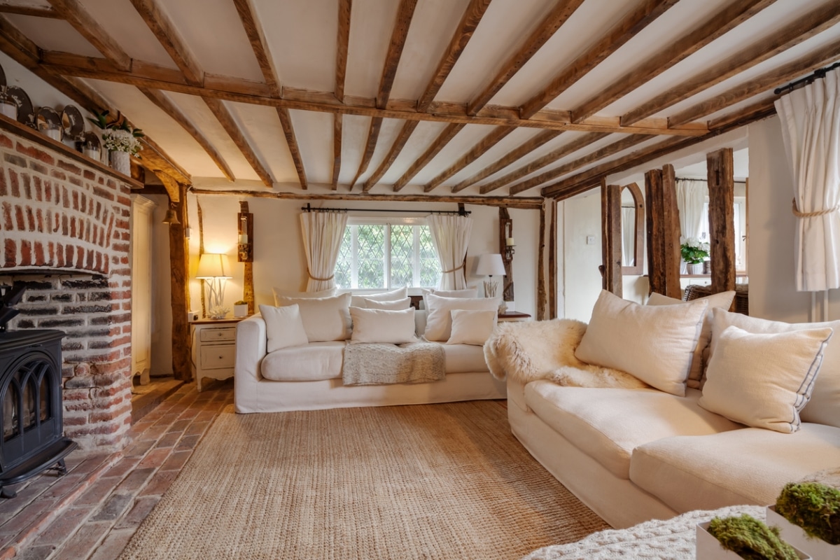 small english cottage living room with fireplace