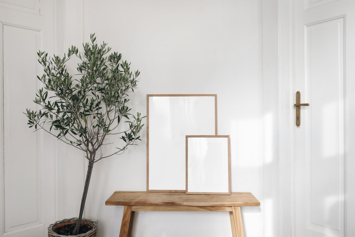 scandinavian natural wood table in hallway