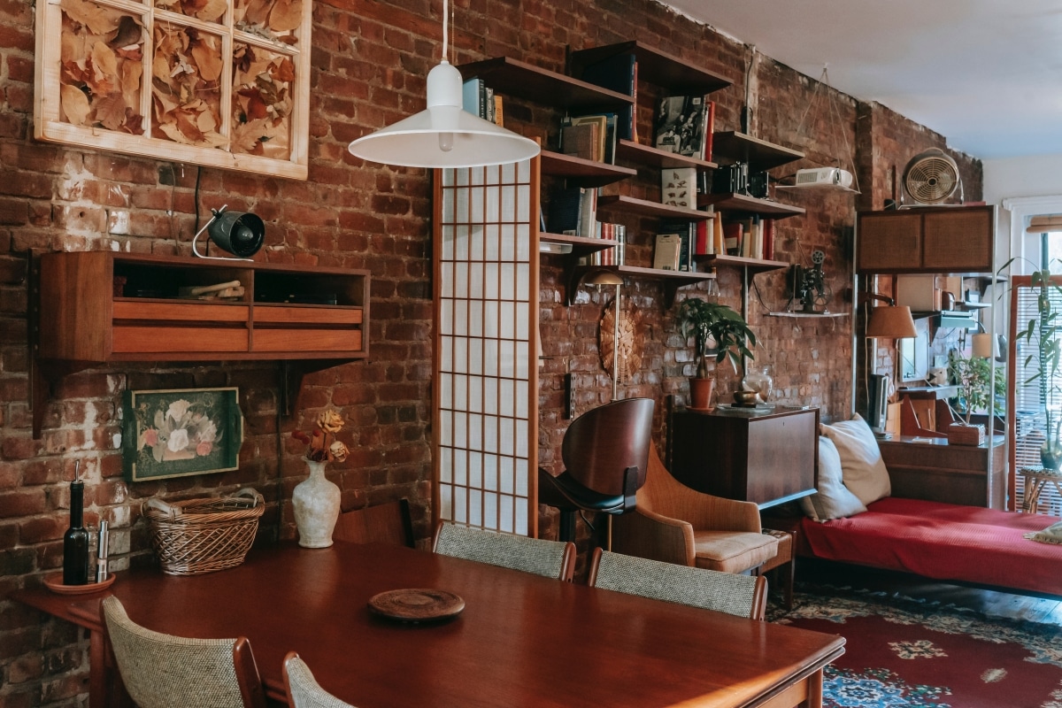 floating wooden bookshelves in small home