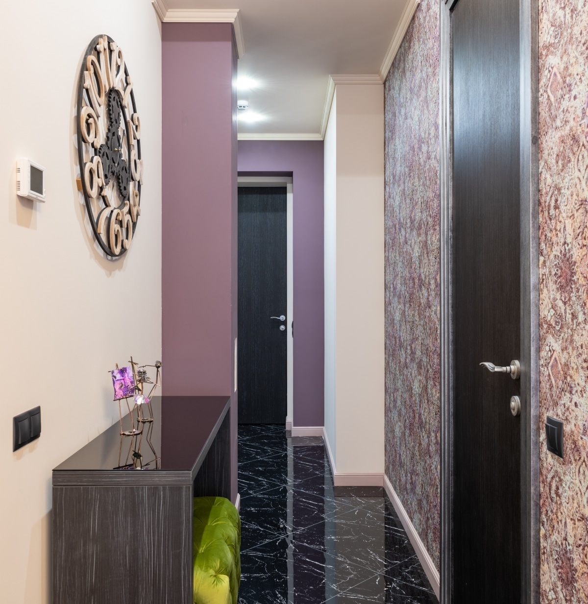 narrow hallway with quirky decor