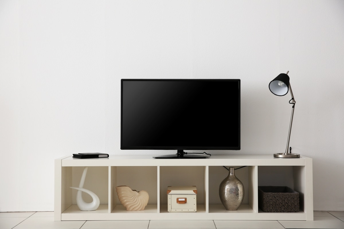 wide screen TV on cubby display