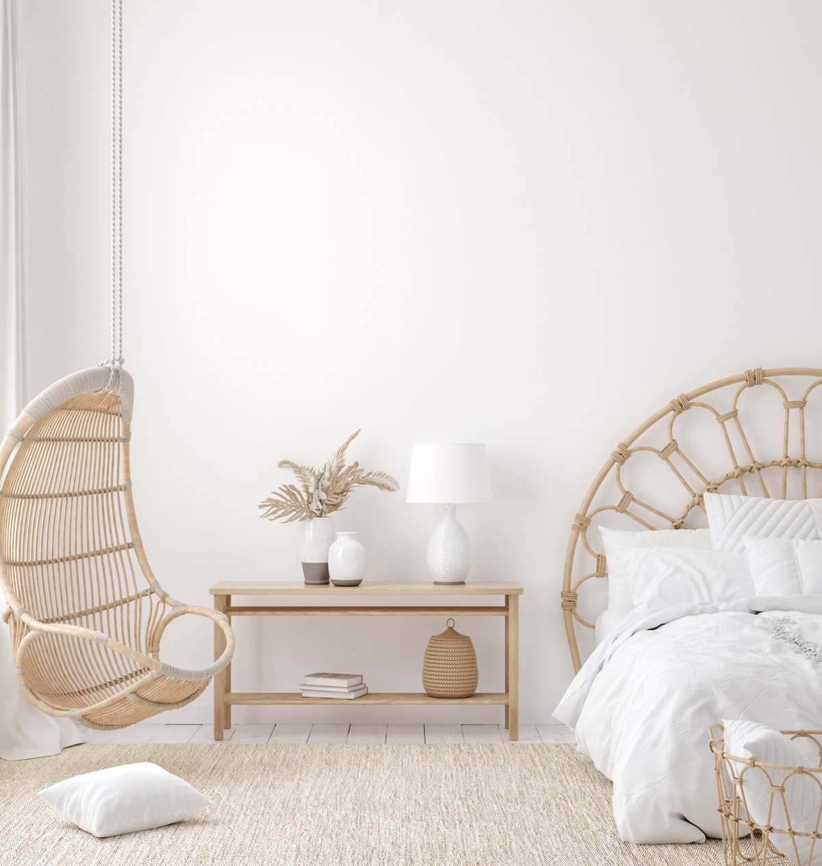 Coastal boho style bedroom interior
