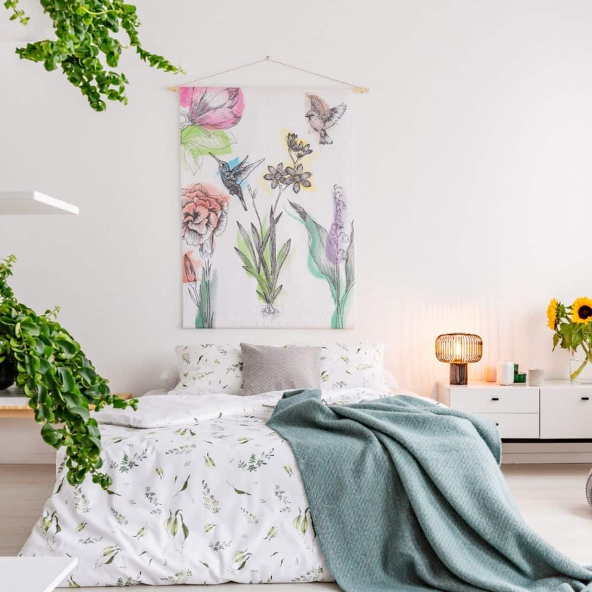 a bedroom with a teal blanket and floral decor