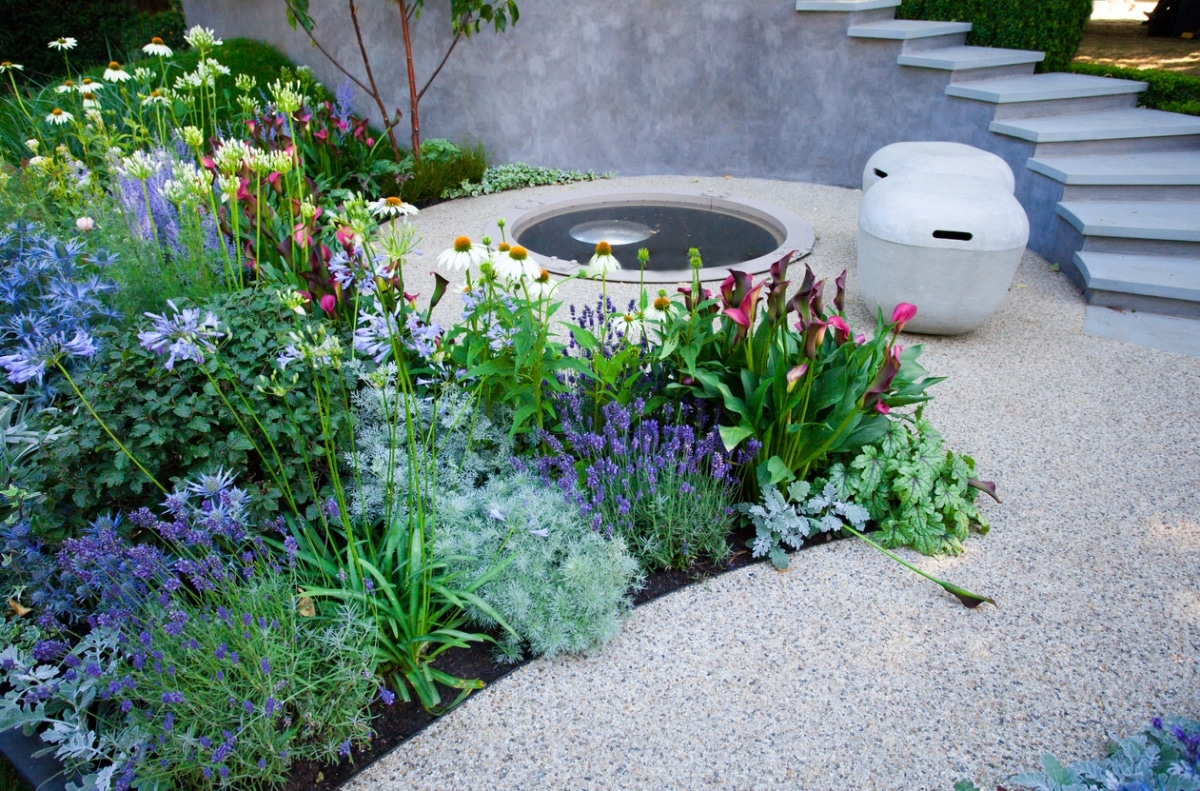 garden patio landscape with spiral staircase