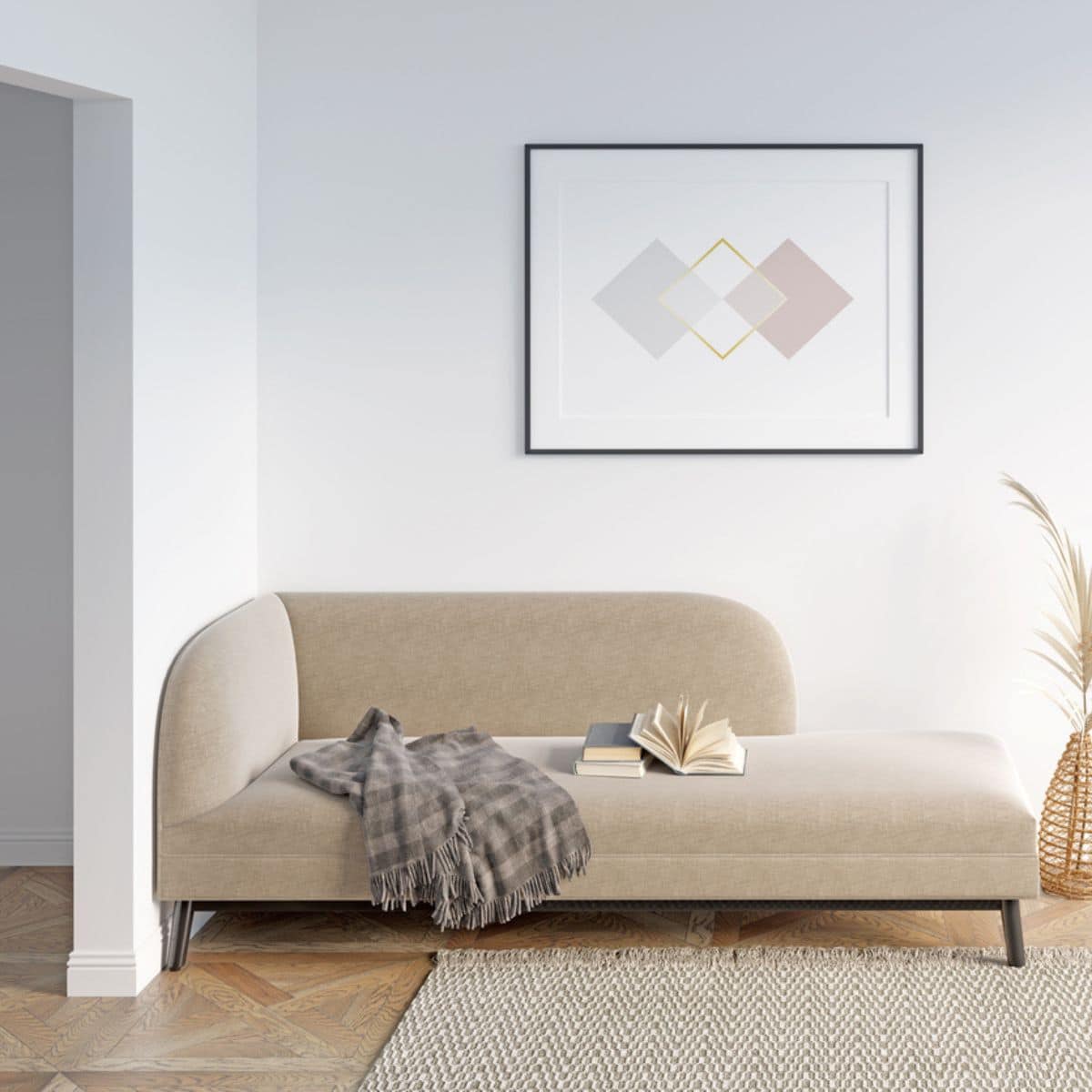 a small sofa at the end of a hallway