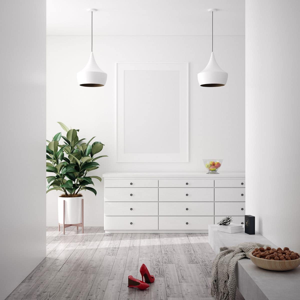 A white hallway with white furniture, red pumps, and a plant in the corner