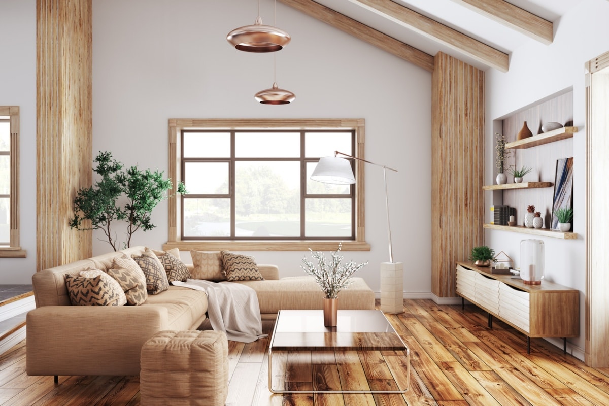 Modern interior of living room with beige sofa and timber accents