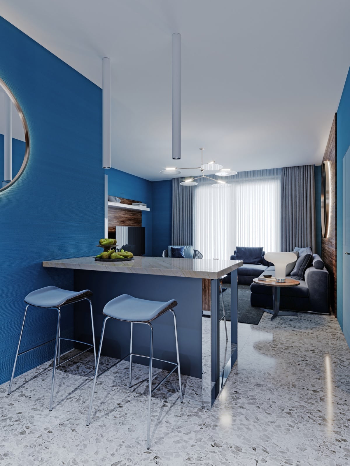 Bar counter with two chairs in the youth interior of a studio apartment in blue