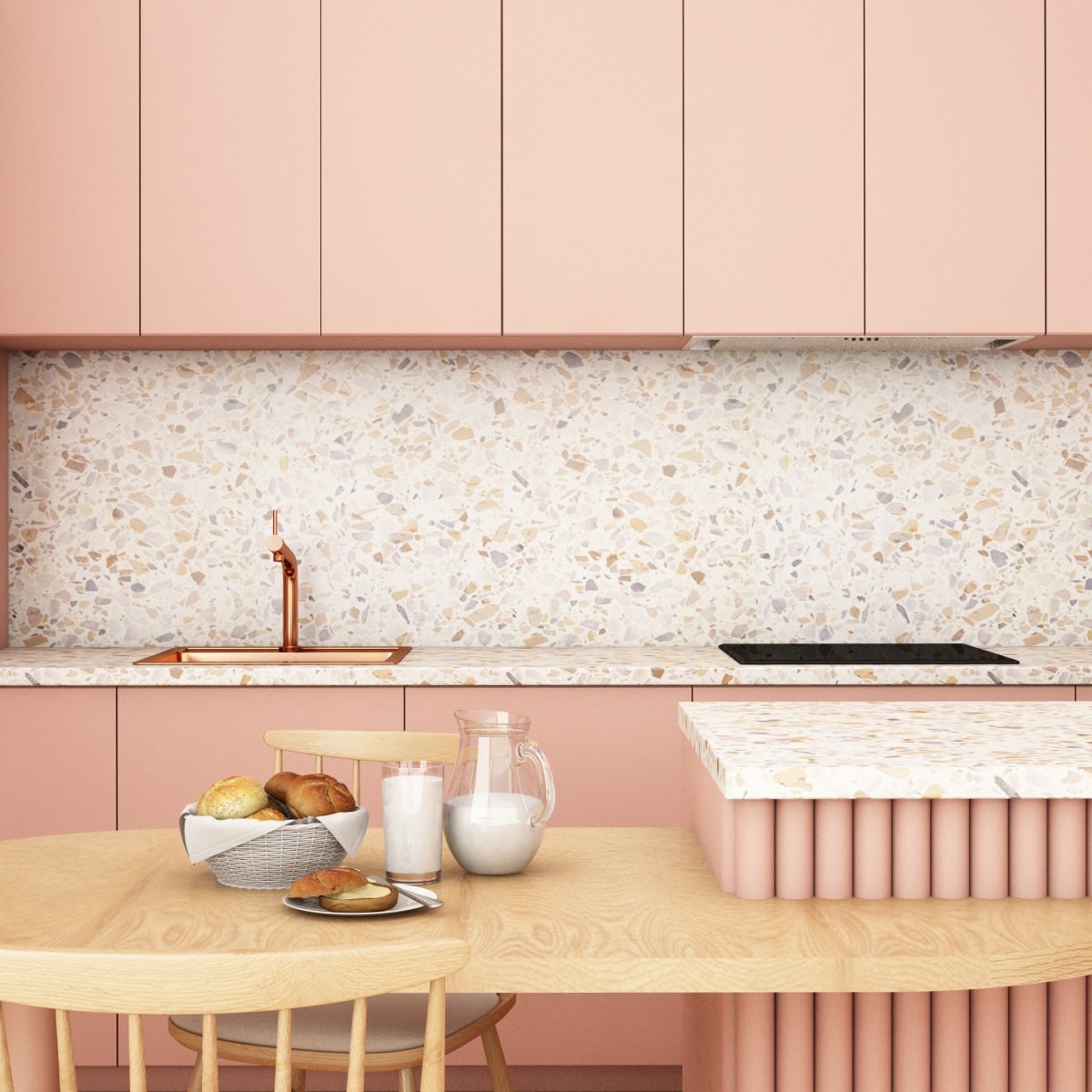 kitchen interior design in modern style with pink accents
