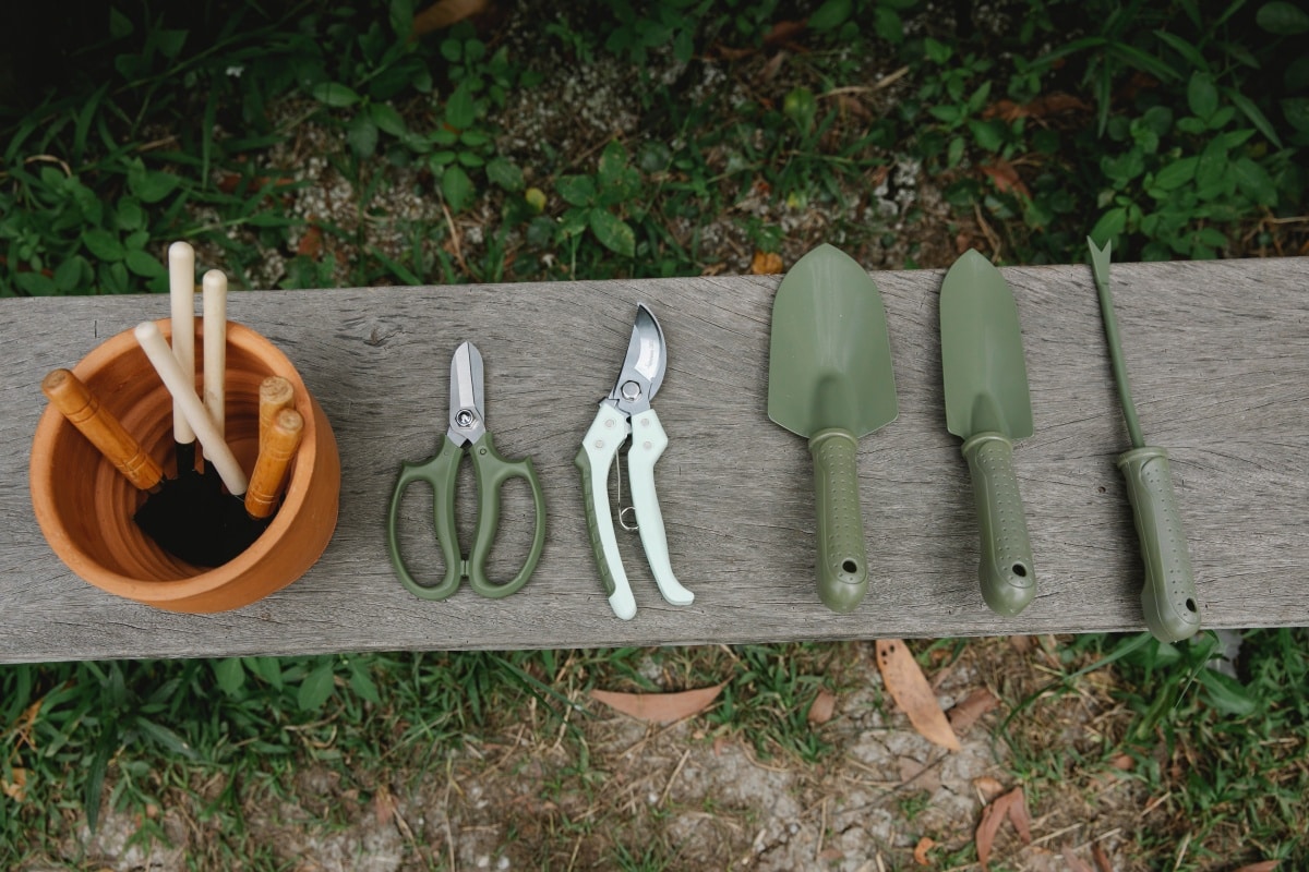 Kid's potting bench with garden tools