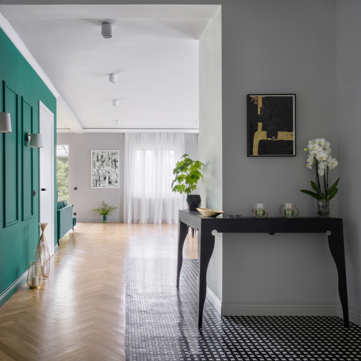 black wrap around console table