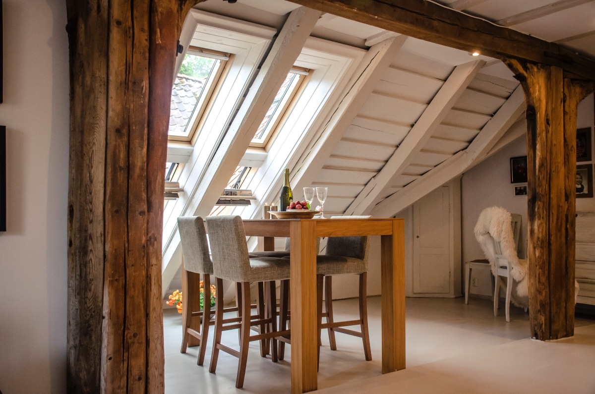 layered planks on sloped ceiling