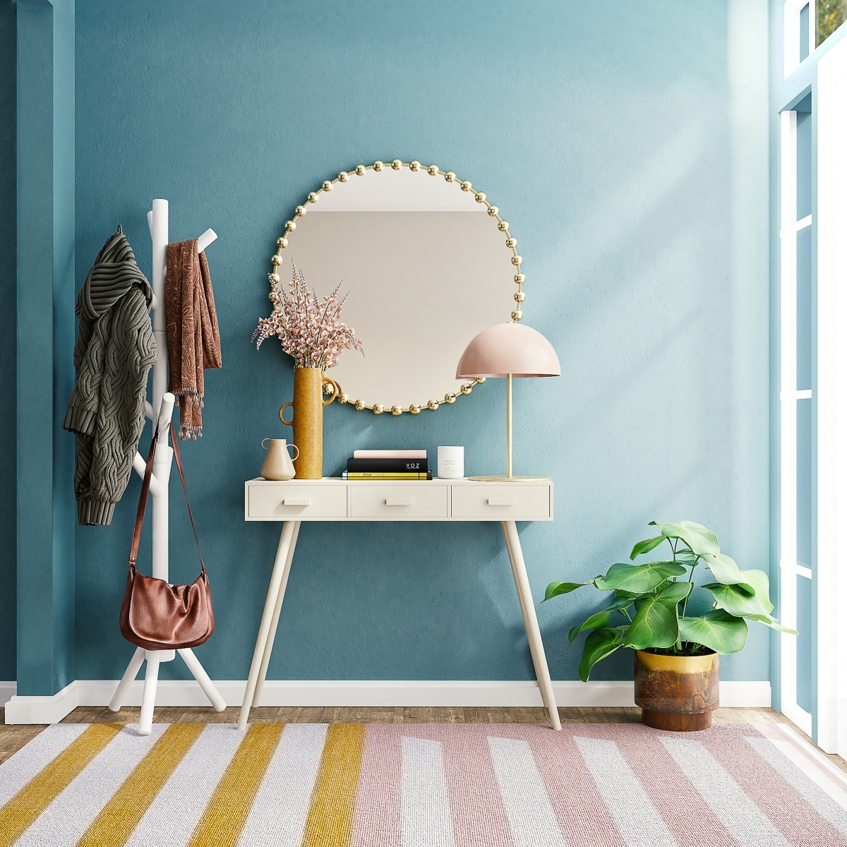 coat rack and catch-all table by hallway entrance